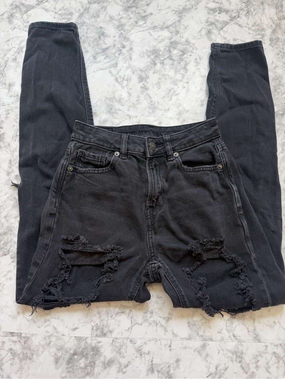 American Eagle Y2K Black Distressed Ripped Straight Leg Jeans 000